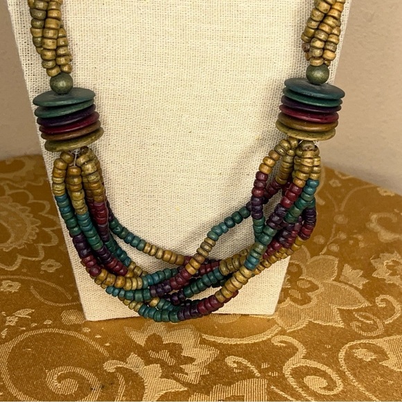 VINTAGE 80s CHUNKY BEADED NECKLACE PURPLE GREEN BOHO LAYERED - Picture 7 of 9